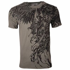 Affliction Short Sleeve Graphic Tee in Taupe with Black Print